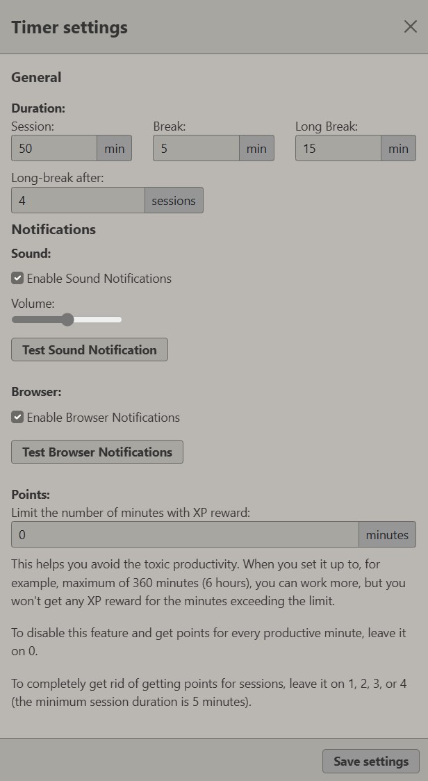 Productive Timer Configuration